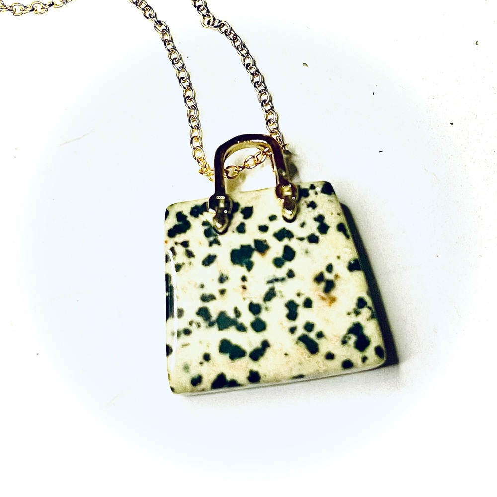 New Artisan 14k Gold Lady Christian Dior Dalmatian Jasper Handbag Necklace - Picture 3 of 17